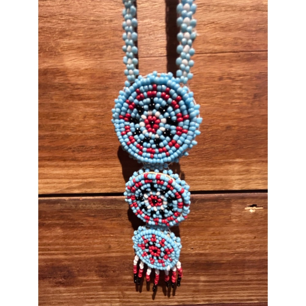 Native American Seed Beads- 3 Medallion Tribal Necklace-Blue and White
